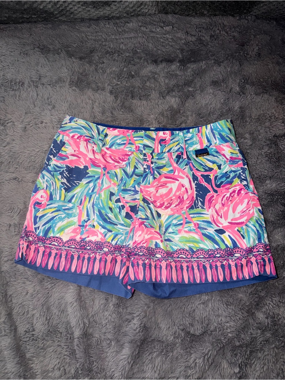 Lilly Pulitzer Pink Flamingo Print Shorts with Navy Trim